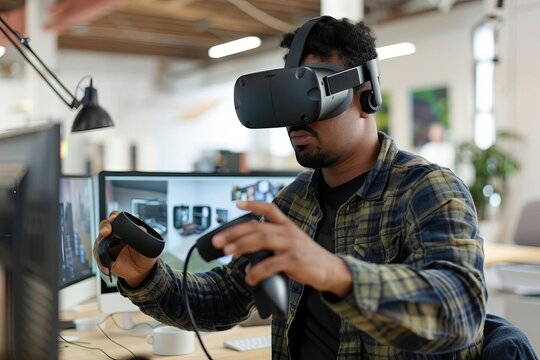 man using oculus vr headset to create immersive virtual product design prototype
