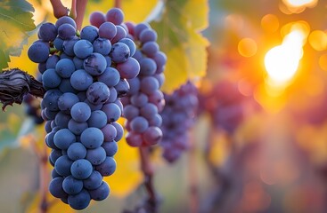 Cluster of red grapes basks in the sunlight and the warm glow of the vineyard behind.