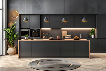 Modern Kitchen with Grey and White Color Theme: Stylish Island Unit and Ambient Lighting
