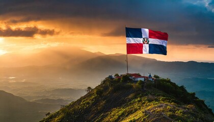 The Flag of Dominican Republic On The Mountain. - obrazy, fototapety, plakaty