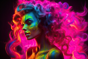 A woman with vibrant, brightly colored hair and neon makeup, standing confidently. Generative AI