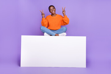 Full length photo of young cheerful lady show fingers peace hello v-symbol isolated over violet color background