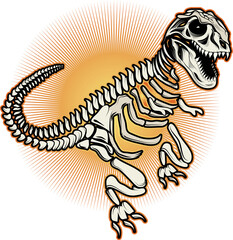 Dinosaurier Skelett Tyrannosaurus Rex Dino Fossil im Comic Stil gezeichnet schwarz weiß mit strahlenden gelben Hintergrund