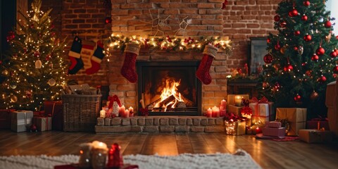 Obraz premium Christmas Interior of festive living room with fireplace. Christmas socks with gifts on fireplace in living room. Festive New Year magic background