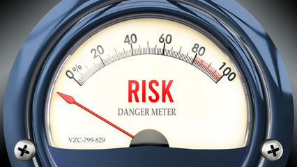 Risk and Danger Meter that hits less than zero, showing an extremely low level of risk, none of it, insufficient. Minimum value, below the norm. Lack of risk. ,3d illustration - obrazy, fototapety, plakaty