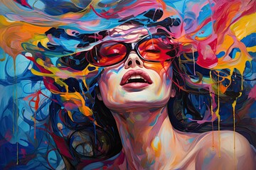 A painting showcasing a woman wearing glasses with a colorful splash of paint on her face. Generative AI