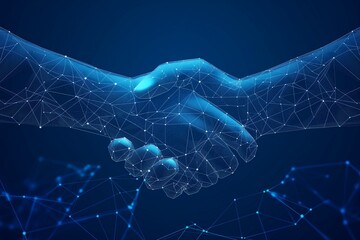 Digital handshake on blue technology background, business background, business success background, business contract, contract success banner, business background, ai