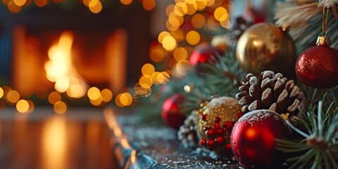 Fototapeta na wymiar Christmas Interior of festive living room with fireplace. Christmas socks with gifts on fireplace in living room. Festive New Year magic background