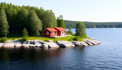 View-on-red-holiday-cabin-by-a-lake-in-Stockholm-archipelago--Sweden--Wooden-cottage--sauna-on-shore--Tiny-house-near-the-water--Rocky-small-island--islet-in-water--Buildings-surrounded-by - obrazy, fototapety, plakaty