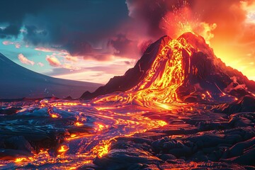 mesmerizing molten magma flow fiery volcanic eruption in stunning landscape digital illustration