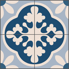 Portuguese tile in beige and blue. Ceramic Tiles. Hydraulic Portuguese ceramic design. 