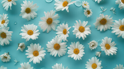 White Daisy Flowers On Blue Background. Fresh And Clean Floral Pattern. Purity Of Nature.