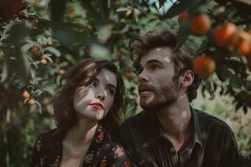 Fototapeta premium Romantic couple amidst orange trees in an orchard gazing into the distance