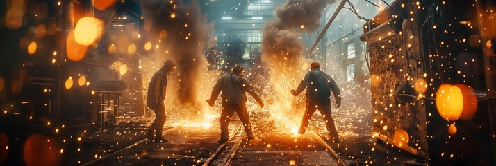 A dramatic view of industrial workers in protective gear amidst intense fiery sparks at a foundry or metalwork factory