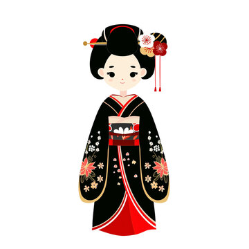 Cartoon woman Japanese wearing traditional costume. AI Generative