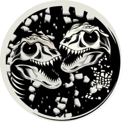 Küchenrückwand glas motiv zwei Dinosaurier Schädel Tyrannosaurus Rex im Comic Stil gezeichnet schwarz weiß mit rundem Hintergrund © namosh