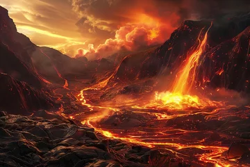 Fototapete mesmerizing molten magma flow fiery volcanic eruption in stunning landscape digital illustration © Lucija