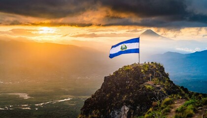 The Flag of El Salvador On The Mountain. - obrazy, fototapety, plakaty