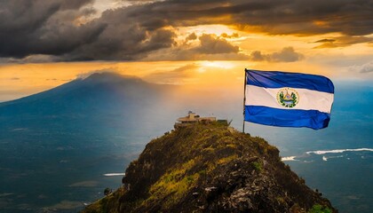 The Flag of El Salvador On The Mountain. - obrazy, fototapety, plakaty