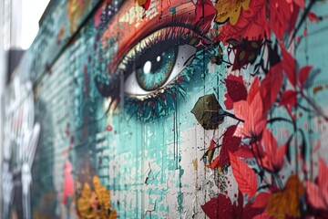 A close-up shot of a graffiti depicting a large, colorful eye with detailed ornamentation, vibrant...