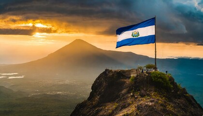 The Flag of El Salvador On The Mountain. - obrazy, fototapety, plakaty