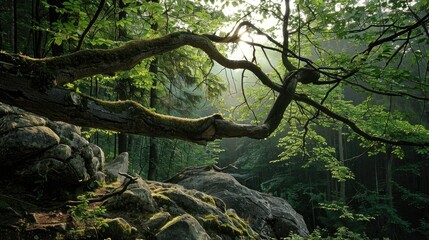 A developing tree limb in a forest near a mountain spring - obrazy, fototapety, plakaty