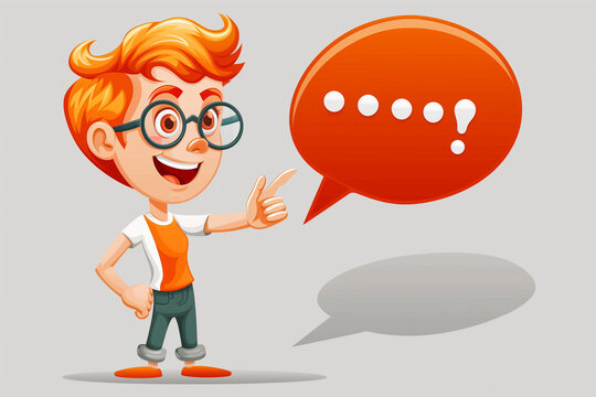 A cartoon boy with glasses and orange hair pointing to a speech bubble
