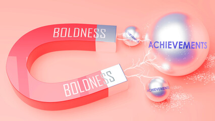 Boldness attracts Achievements. A magnet metaphor in which power of boldness attracts achievements. Cause and effect relation between boldness and achievements. ,3d illustration - obrazy, fototapety, plakaty