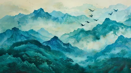 Gordijnen Traditional landscape green golden illustration poster background © jinzhen