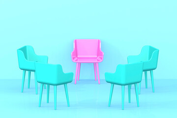 Leading pink chair in the middle of blue chairs