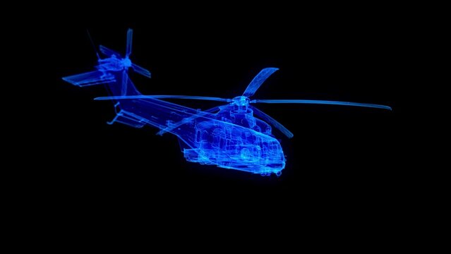 Military helicopter in Motion. 3D Animation on a black background with a seamless loop for futuristics projects