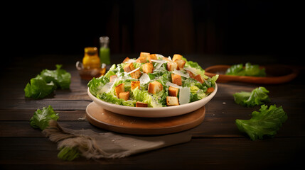 Classic healthy grilled chicken caesar salad with cheese and croutons, dark background