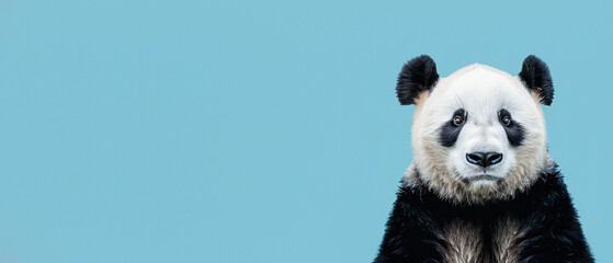 A striking image of a giant panda captured with a neutral expression, set against a clear blue...