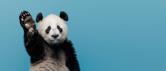 A playful adorable panda bear waving his paw on a pastel blue background, giving a friendly and...