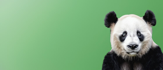 This image captures a panda with a soulful stare against a solid green backdrop, exuding a sense of...