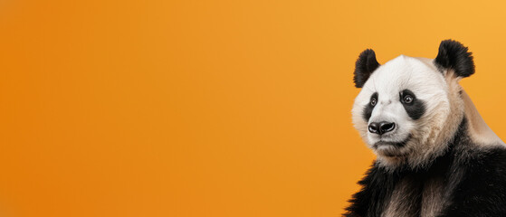 The whimsical image of a panda looking almost reflective, set against a bright orange backdrop