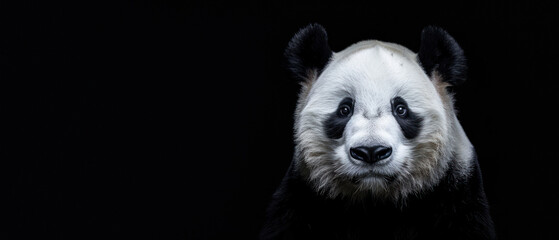 Frontal portrait of a giant panda, its face highlighted with great detail on a deep dark...