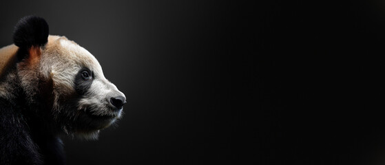 A giant panda captured in profile view, standing out poignantly against an absolute black void