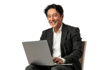 Smiling East Asian Man with Laptop