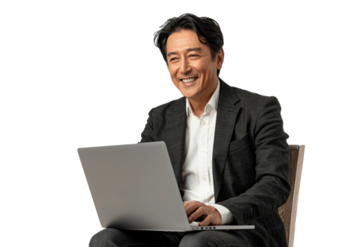 Smiling East Asian Man with Laptop