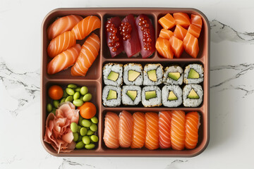 A bento box filled with a delicious variety of sushi, including nigiri and rolls, accompanied by ginger, soybeans, and wasabi, on a marbled surface.