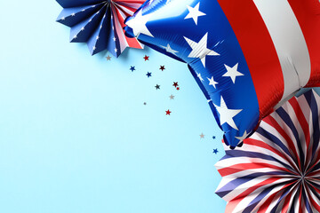 4th of July, USA celebration of Independence day banner design with balloon and paper fans. Flat...