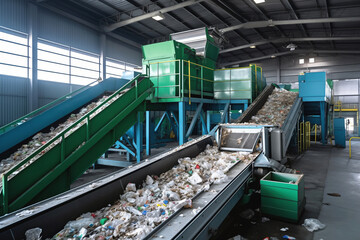 Recycling facility with conveyor belts transporting waste for sorting.