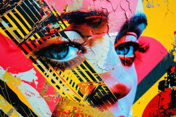 Closeup portrait of a woman's face painted on a vibrant colorful wall background