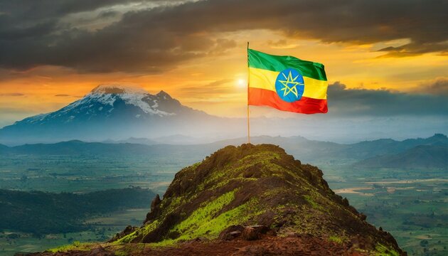 The Flag of Ethiopia On The Mountain.