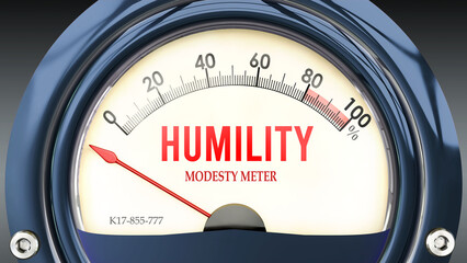 Humility and Modesty Meter that hits less than zero, showing an extremely low level of humility, none of it, insufficient. Minimum value, below the norm. Lack of humility. ,3d illustration - obrazy, fototapety, plakaty