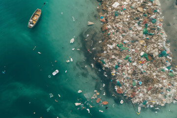 Boat floating in water heavily polluted with trash.