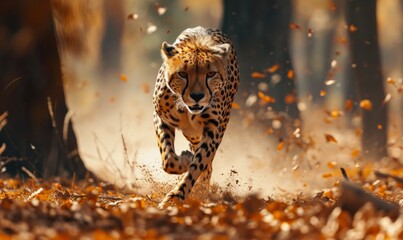 Dramatic capture of a cheetah in full sprint, with powerful limbs propelling through the dusty...