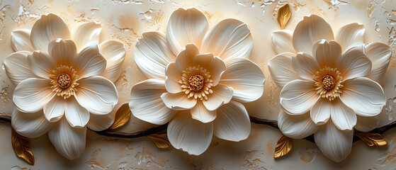 Fototapeta na wymiar a three white flowers on a wall with gold leaves