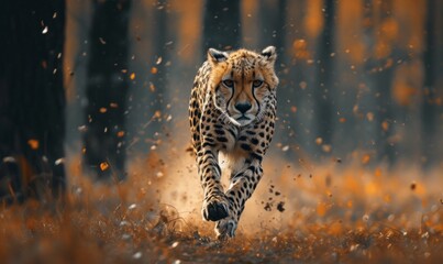Dramatic capture of a cheetah in full sprint, with powerful limbs propelling through the dusty...